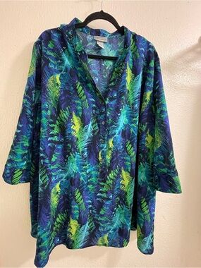 Catherine’s Green & Blue Printed Button-Up Shirt 3X A1